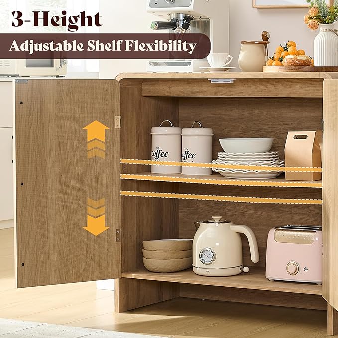 AMERLIFE 3-Piece Fluted Buffet Cabinet with Storage, Modern Sideboard Cabinet with Doors & Adjustable Shelf, Console Table & Credenza for Living Room, Kitchen & Entryway, Natural Oak