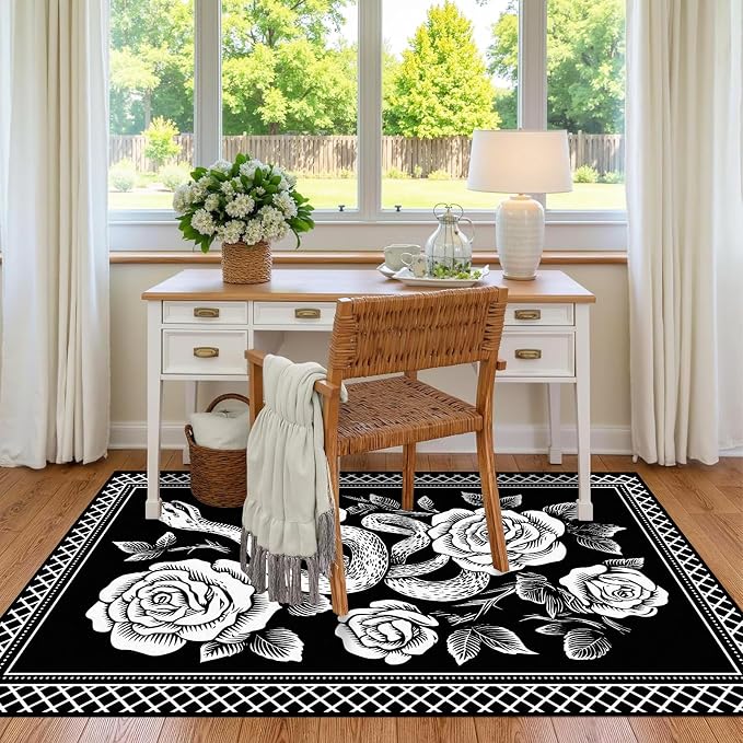 6'x9' Gothic Snake and Rose Area Rug Black and White Floral Vine Floor Mat Retro Boho Carpet Washable Low Pile Indoor Rugs for Entryway Bedroom Living Room Kitchen Home Decor