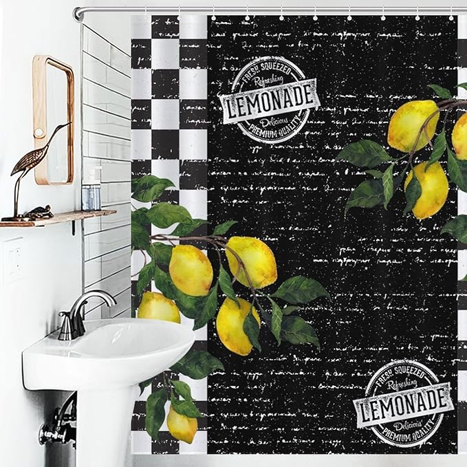 Vintage Lemon Checked Shower Curtains, Black and White Grid Summer Tropical Lemon Waterproof Shower Curtains for Bathroom Decor 12 Pack Hooks 66x72in（168x183cm）