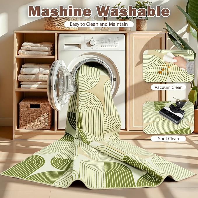 Rugs for Living Room, Soft Green Area Rug for Bedroom 5x7, Washable Mid Century Modern Rug, Non Slip Indoor Floor Boho Low Pile Abstract Carpet for Dining Room Nursery Office Home
