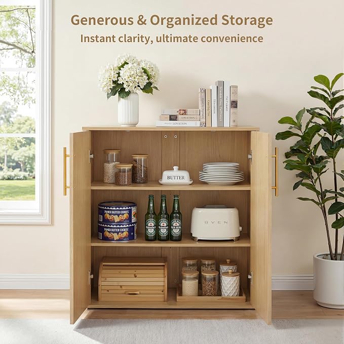 Fluted Sideboard Buffet Cabinet with Storage, Arched Doors & Adjustable Shelves, Modern Accent Credenza, Anti-Tip Console Cabinet for Living Room, Entryway, Hallway & Kitchen,Natural Oak