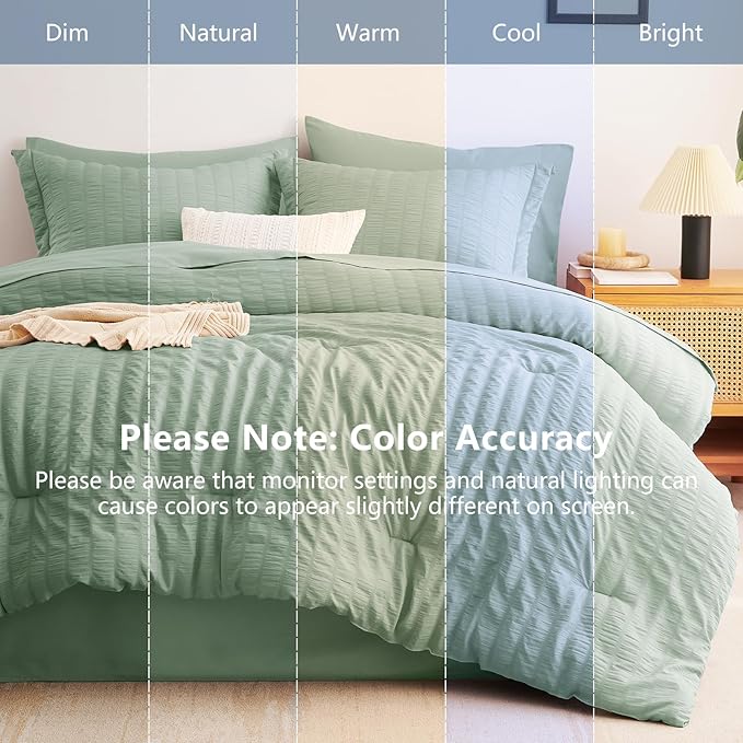 CozyLux Queen Comforter Set Sage Green, 7 Pieces Seersucker Textured Luxury Bed in a Bag Queen, All Seasons Soft Bedding Sets with Down Alternative Comforter, Sheets, Pillowcases & Shams, Home Gift