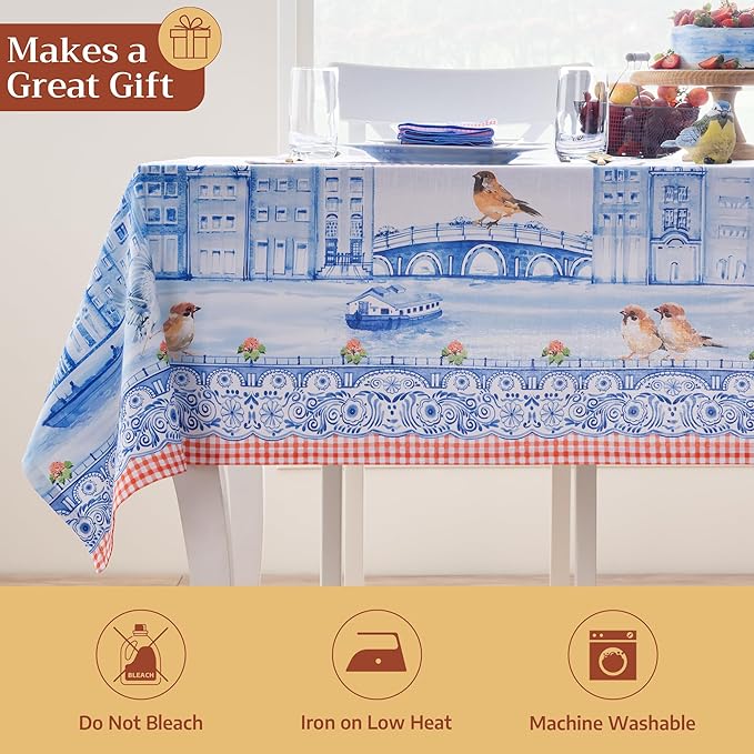 Maison d' Hermine Table Cloth Rectangle Table 100% Cotton 70 x 108 Inches Tablecloth Reusable Decorative for Dining Room Farmhouse Home Valentines Day Decorations Spring Summer - Amsterdam Canals