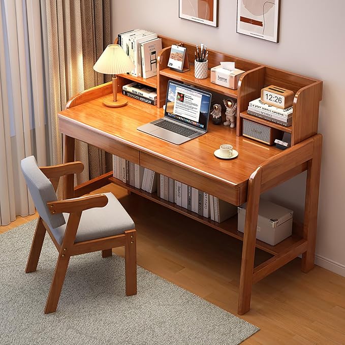 Solid Wood Writing Desk, Mid-Century Modern Computer Desk with Hutch and 2 Drawers, Simple Study Table for Home Office Workstation with Open Storage Shelf