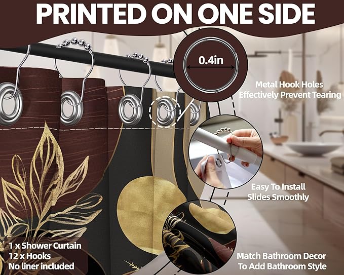 Dark Brown and Black Shower Curtain Boho Mid Century Gold and Brown Shower Curtains for Bathroom Decor, Waterproof Cloth Fabric with Hooks, 60" W x 72" L