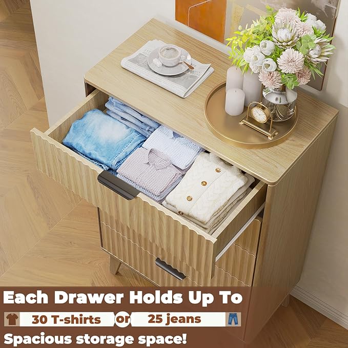Modern Fluted 5 Drawer Tall Dresser, 48" H, Natural Oak, Curved Profile Design, Mid Century Wood Chest of Drawers for Bedroom, Living Room, Hallway