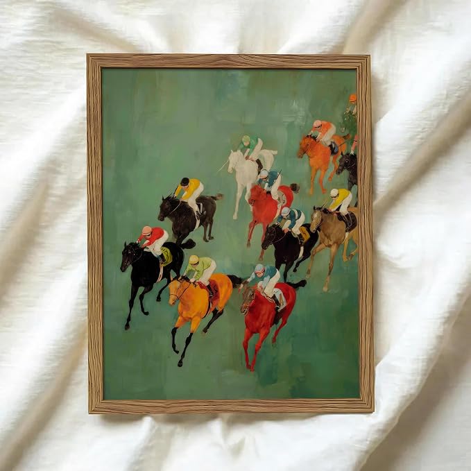 Framed Vintage Abstract Wall Art, Retro Horse Racing Scene Poster Prints, Modern Classic Equestrian Canvas Artwork, Energetic Vibrant Sports Wall Decor for Living Room Office Game Room 8x10in