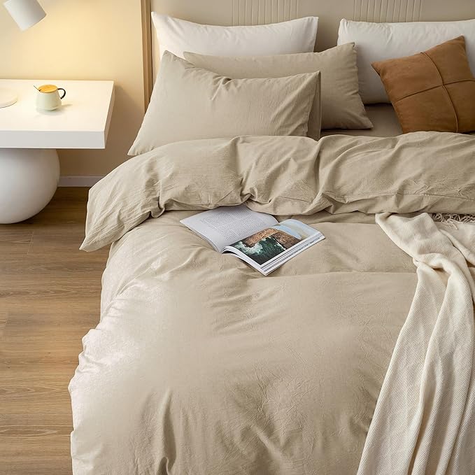 JIYUAN 100% Washed Cotton Duvet Cover Set 2 Pieces Twin, 1 Duvet Cover 68x90 Inches(Comforter Not Included) and 1 Pillowcases,Linen Feel Bedding Set Comfy and Breathable, Heathered Tan