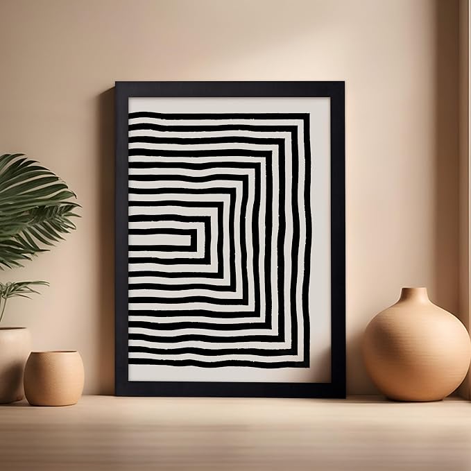 Poster Master Japanese Ink Poster - Rectangle Tunnel Print - Geometric Illustration - Abstract Illustration - Line Artwork - Mid Century Modern Art - Minimal Living Room Design - 16x20 Black Framed