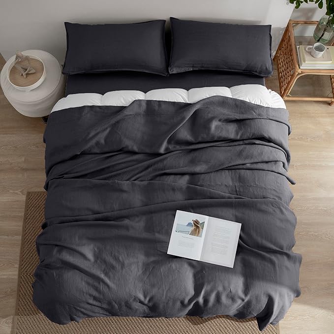 EVERLY Linen Sheets Set King Size,100% French Stonewash Pure Linen Bed Sheets,4Pieces (1Flat Sheet,1Fitted Sheet,2Pillowcase) Suitable for Hot Sleepers,Deep Pocket Natural Bedding Set-Dark Grey