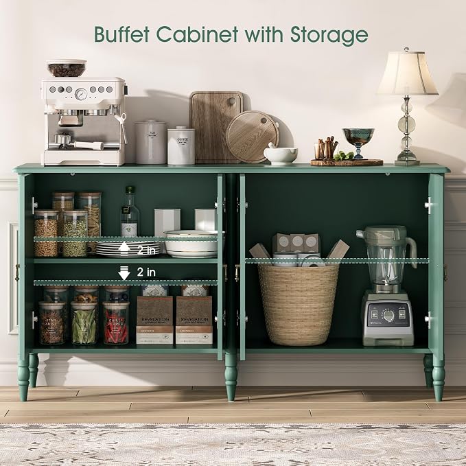 JOINICE 59" Sideboard Buffet Cabinet with Storage,Vintage Credenza with Adjustable Shelves & Solid Wood Legs,Accent Cabinet for Living Room,Dining Room,Kitchen,Bar,Entryway,Hallway,TV Console,Green