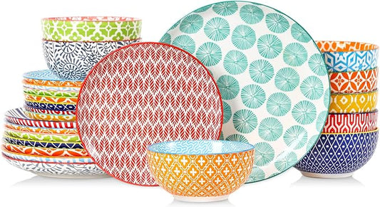 Selamica Ceramic Plates and Bowls Sets,24 Pieces Dinnerware Sets for 8,Scratch Resistant Dish Set for family gathering,Dishwasher & Microwave Safe, Assorted Colors