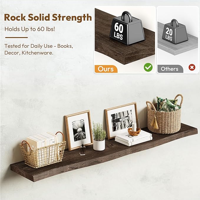 Vivelove Live Edge Floating Shelves for Wall Solid Elm Wood, Rustic Farmhouse Wall Shelf with Invisible Bracket for Living Room Bedroom Bathroom Office Book, 48 Inches - Set of 1 - Dark Walnut