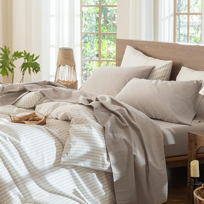 MooMee Bedding Sheet Set 100% Washed Cotton Linen Like Textured Breathable Durable Soft Comfy (Heathered Cream Grey, Full)