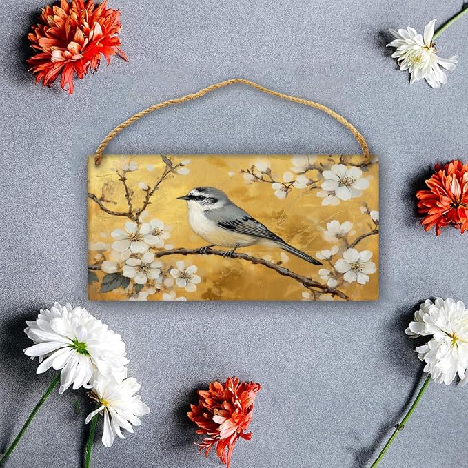 Opulent Retro Bird & Floral Wooden Wall Art, Luxe Home Decors for Vintage Admirers, 12x6 Inch Wood Sign for a Bold Bedroom Statement