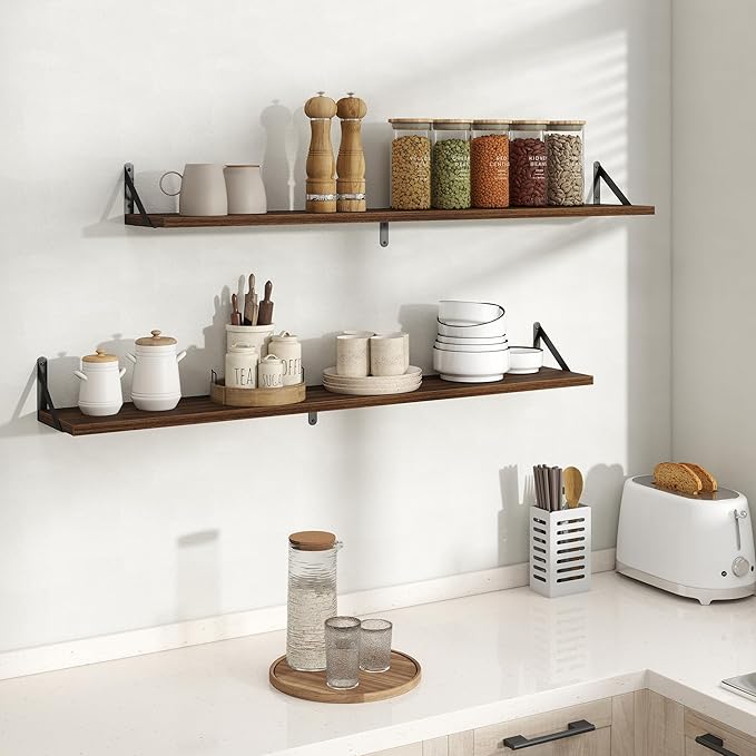 Floating Shelves, 8 Inch Deep Rustic Wood Wall Storage, 48W x 8D Wall Shelves Set of 2, Heavy Duty Metal Brackets, Industrial Book Shelf for Living Room, Kitchen, Bathroom, Bedroom, Walnut