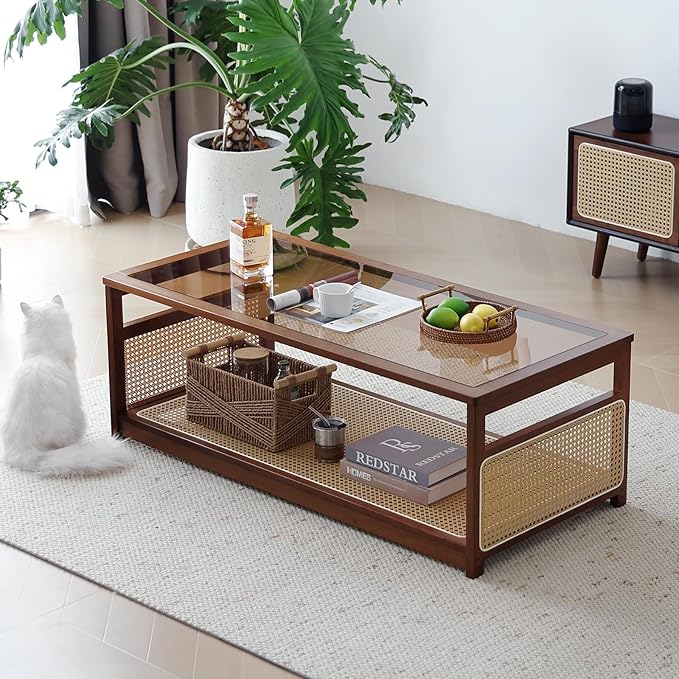 Welnow Rattan Coffee Table for Living Room, Modern 2-Tier Rectangle Center Table with Storage Shelf and Glass Top, Mid-Century Boho Furniture for Apartment, 47.5" Walnut