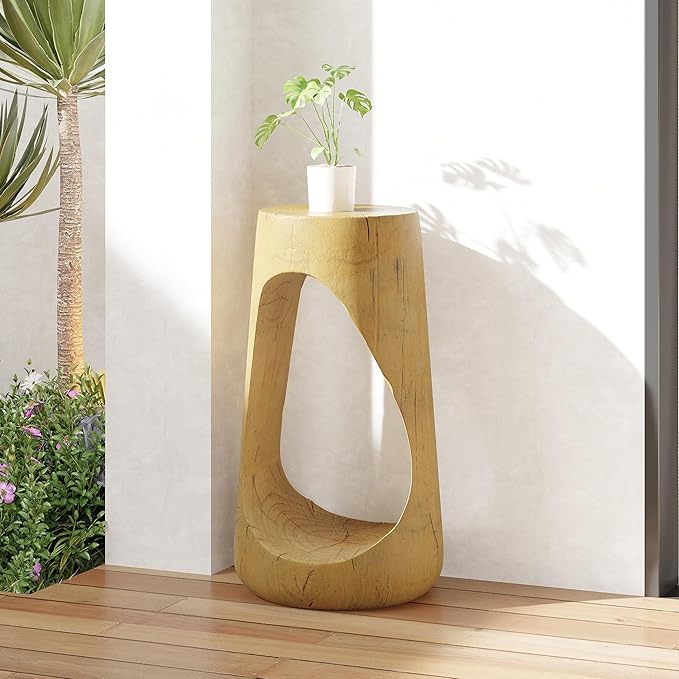 ø11.6'' Side Table End Table for Living Room, Modern Farmhouse Countryside Style, Magnesium Oxide & Lightweight Concrete Material for Indoor & Outdoor, No Assembly, Wood Grain, Natural