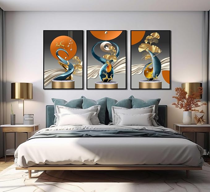 3 Pcs Bright Style Canvas wall Art Golden Deer Luxury Foil Lines Paintings Pictures Modern Abstract White Blue orange color Grey Posters Prints for Living Room Bedroom Office Home Wall Decor Unframed