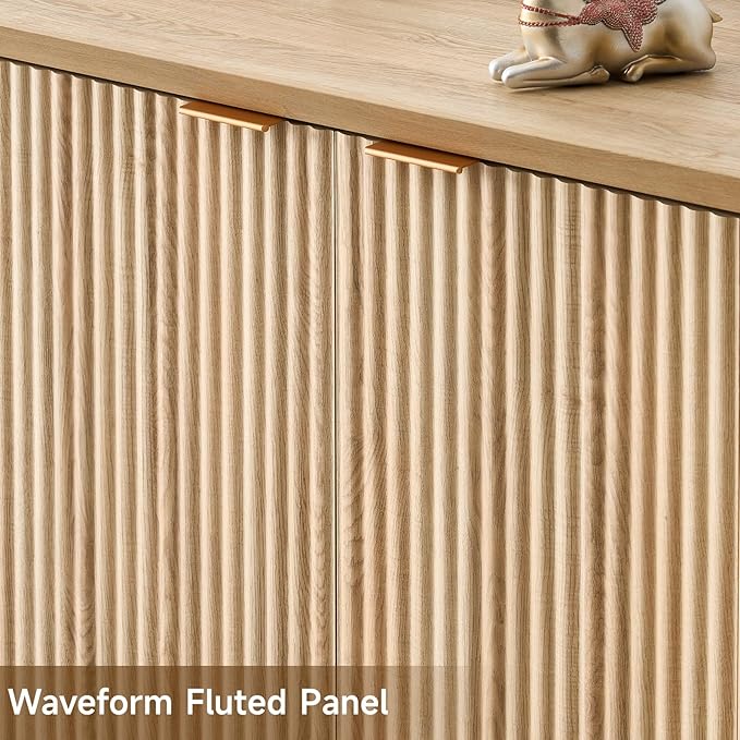 ONBRILL Fluted Sideboard Buffet Cabinet with Storage, Wooden Modern Fluted Sideboard with 4 Doors and 5 Adjustable Shelves, Coffee Bar Table for Dining Room, Hallway, Kitchen (Natural Oak)