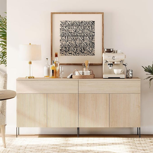 WAMPAT 63" W Large Sideboard Buffet Cabinet with Storage, 2 in 1 Fluted Sideboard Buffet with 4 Doors, Wooden Buffet Table, Coffee Bar Wine Bar Cabinet for Kitchen, Dining Room, Living Room, Beige