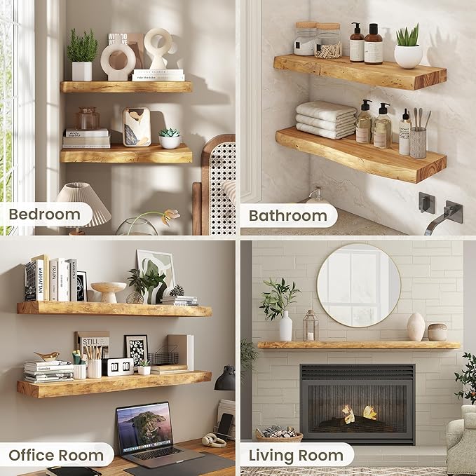 Fun Memories Floating Shelves for Wall Decor Set of 1-48 Inch Solid Elm Wood Live Edge - Rustic Natural Wall Shelves with Invisible Brackets - for Living Room, Bedroom, Kitchen - Natural Finish