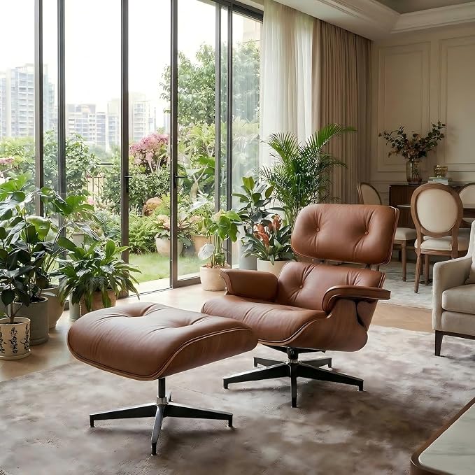 Top Grain Leather,Mid Century Chaise Lounge Chair and Ottoman, Reading Chair, Leather Accent Chair, Modern Chair, Classic Design, Heavy Duty Base Support for Living Room Lounge Office