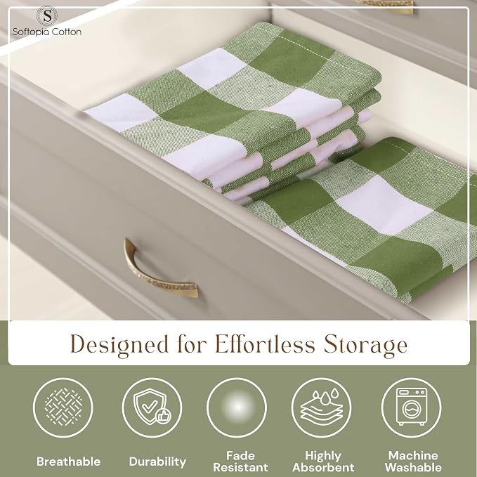Mint Green and White 12 Pack Buffalo Check Kitchen Towels, 16x26 Inches, 100% Cotton Dish Cloths, Reusable Hand Towels for Drying Glassware, Cleaning Spills, Farmhouse Plaid Towel