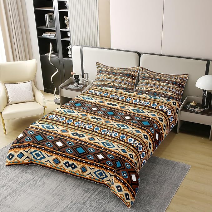 Erosebridal 100% Natural Cotton Boho Tribal Duvet Cover Full, Retro Exotic Bedding Set, Vintage Lattice Bohemian Comforter Cover, Orange Antique Grid Damask Tribal Ethnic Egyptian Quilt Cover