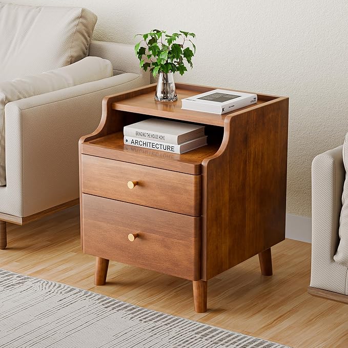 Nightstand with Drawers, Pre-Assembled, 19.7" H Natural Solid Wood Night Stand with Open Sliding Shelf, Mid Century Modern Small Bedside Table Cabinet for Bedroom, End Side Table, Walnut