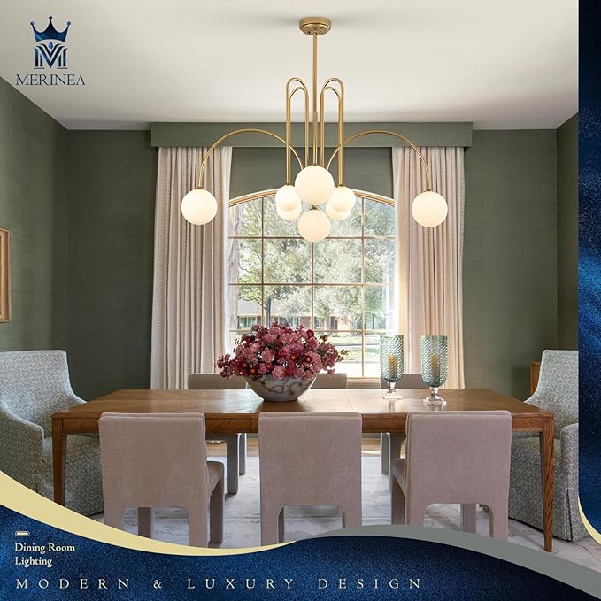 Modern Gold Sputnik Chandelier 8 Lights Large Luxury L41” Mid Century Milk Glass Globe Ceiling Pendant Light Contemporary for Foyer Staircase Living Dining Room Kitchen