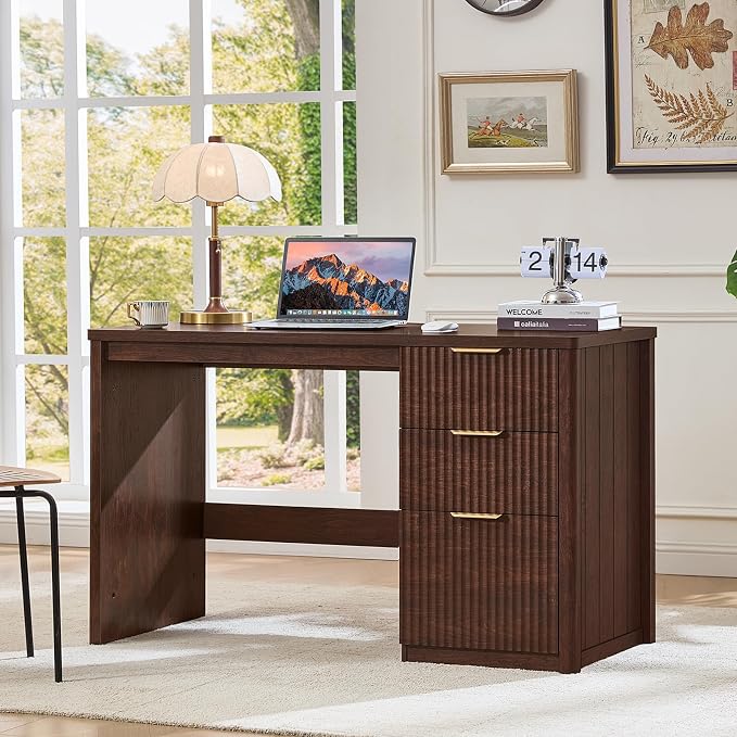 LEYAOYAO Office Desk 48" with 3 Drawers Storage File Cabinet Wood Fluted Desk for Computer Office Bedroom Home Furniture Walnut