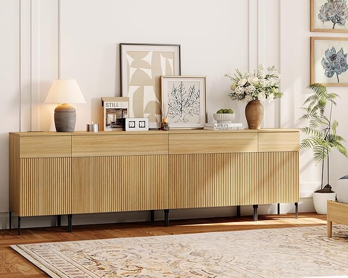 WAMPAT 94.5" Large Sideboard Buffet Cabinet with 4 Drawers & 5 Doors, 4-in-1 Fluted Storage Cabinet with Charging Station, Modern Buffet Table Coffee Bar Wine Bar Cabinet for Dining Room, Oak