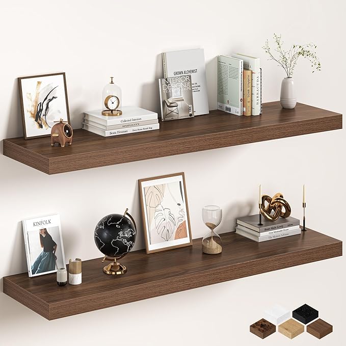 Walnut Floating Shelves 55Inch Long, 12 Inch Deep Floating Shelves for Wall, 55 x 12 Large Floating Shelf for Fireplace Mantel, 2" Thicked Rustic Wall Shelves for Living Room, Bedroom Storage, 2 Packs