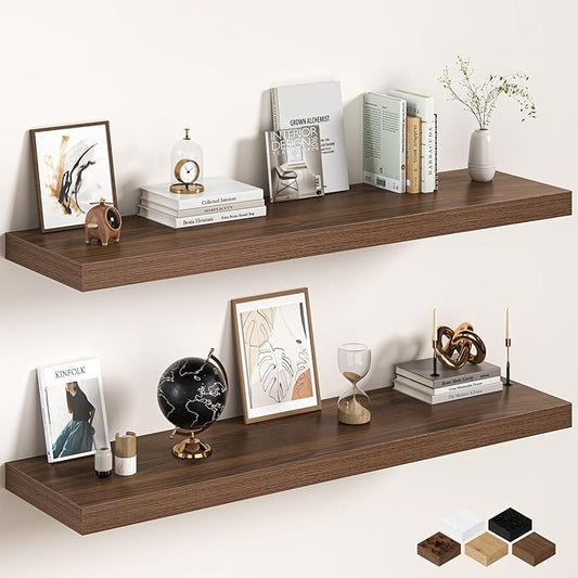 Walnut Floating Shelves 55Inch Long, 12 Inch Deep Floating Shelves for Wall, 55 x 12 Large Floating Shelf for Fireplace Mantel, 2" Thicked Rustic Wall Shelves for Living Room, Bedroom Storage, 2 Packs
