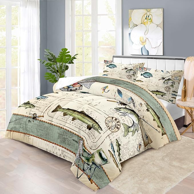 Fish Comforter Set Twin,Nautical Bedding Set Twin for Boy,Ocean Bedding Striped Quilt,Coastal Comforter Fishing Birthday Party Decorations,Nautical Quilt Fishing Decor for Kids and Adult