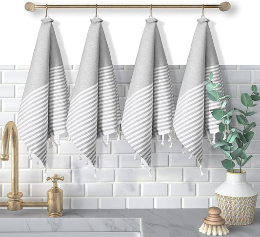 Turkish Kitchen Towels 18x26 Inches with Tassels - 4 Pack - Ultra Absorbent, Durable, Soft 100% Cotton Dish Towels for Drying & Cleaning - Machine Washable, Quick-Dry - Melange Grey