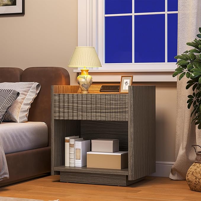 Bigbiglife Fluted Nightstand with Charging Station, 22" Modern Side Table with Drawer End Table with Open Storage, Bedside Table for Bedroom, Living Room, Natural Oak (1, Dark Walnut)