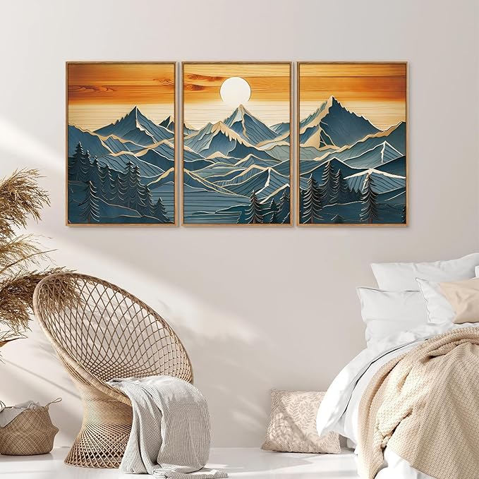 Tinonedraw Large Mountains Framed Canvas Wall Art Set of 3, Boho Nature Woodcut Forest Art Prints, Mid Century Modern Wall Decor, Sunset Landscape Art Paintings for Living Room Bedroom Office 16"x24"