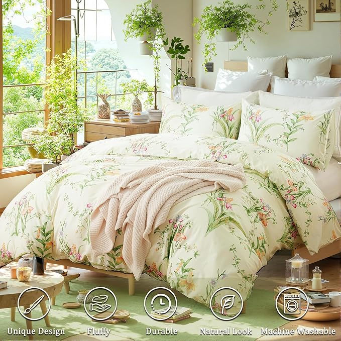 Duvet Cover Queen Size 100% Cotton Reversible Green Leaves Duvet Cover Set with Zipper Closure, 3 Pieces Vintage Flower Floral Bedding Comforter Cover, Ultra Soft & Breathable