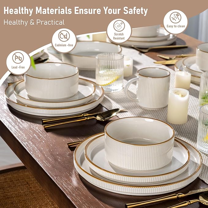 GBHOME 12-Piece Stoneware Dinnerware Set for 4 – Ribbed Ceramic Plates and Bowls, Scratch-Resistant, Microwave & Dishwasher Safe, Reactive Glaze, White with Honey-Brown Edge