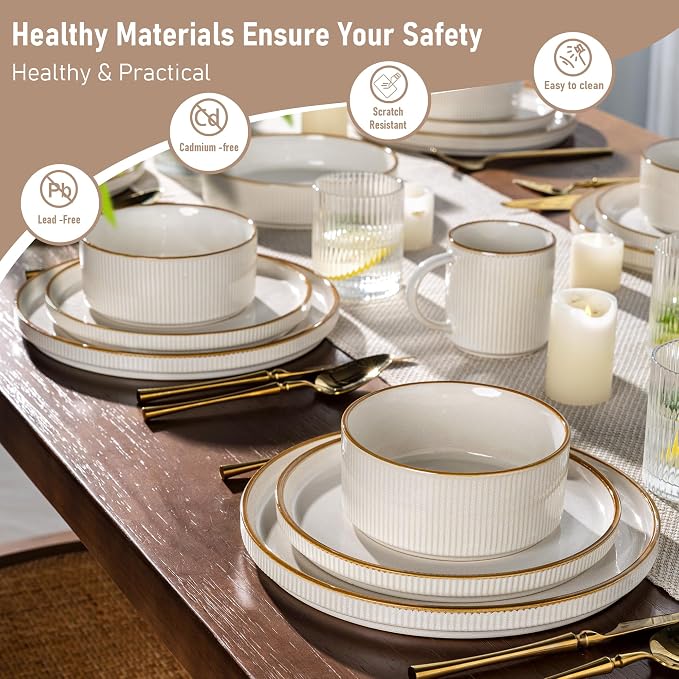 GBHOME 12-Piece Stoneware Dinnerware Set for 4 – Ribbed Ceramic Plates and Bowls, Scratch-Resistant, Microwave & Dishwasher Safe, Reactive Glaze, White with Honey-Brown Edge
