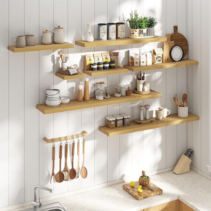 16 Inch Floating Shelves for Wall Set of 2, 8"D Wood Grain Bathroom Shelves with Invisible Brackets, Easy Install Engineered Wood Storage Shelves for Kitchen, Living Room, Bedroom, Oak Finish
