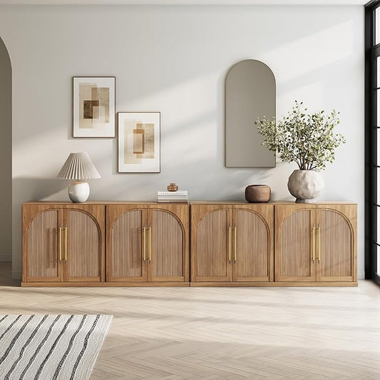 BELLEZE Set of 2 65" Sideboard Cabinet with Double-Arc Wood Doors, Large Buffet Cabinet with Storage and Adjustable Shelves, Classic Modern Console Table for Dining Room Living Room Entryway (Camel)