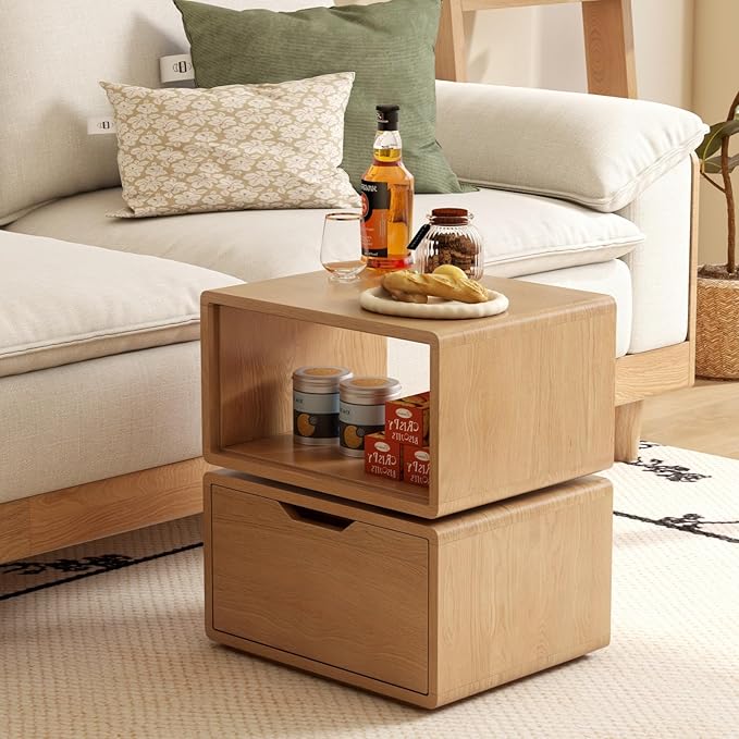 360° Rotatable Oak Nightstand with Drawer, Mid Century Modern Nightstands, Solid Wood Night Stand with Open Shelf, Small Oak Bedside Tables for Small Spaces, Bedroom(Natural, 18.43" H)