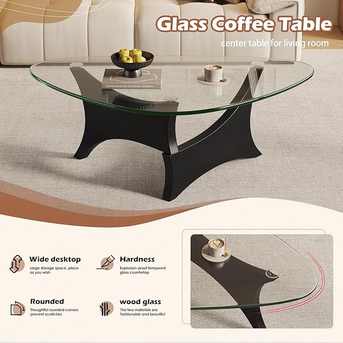 Glass Coffee Table Mid-Century Modern Coffee Table for Living Room Center Table Suitable for Bedroom Living Room Reception Office Tables（Black/Transparent，Large）