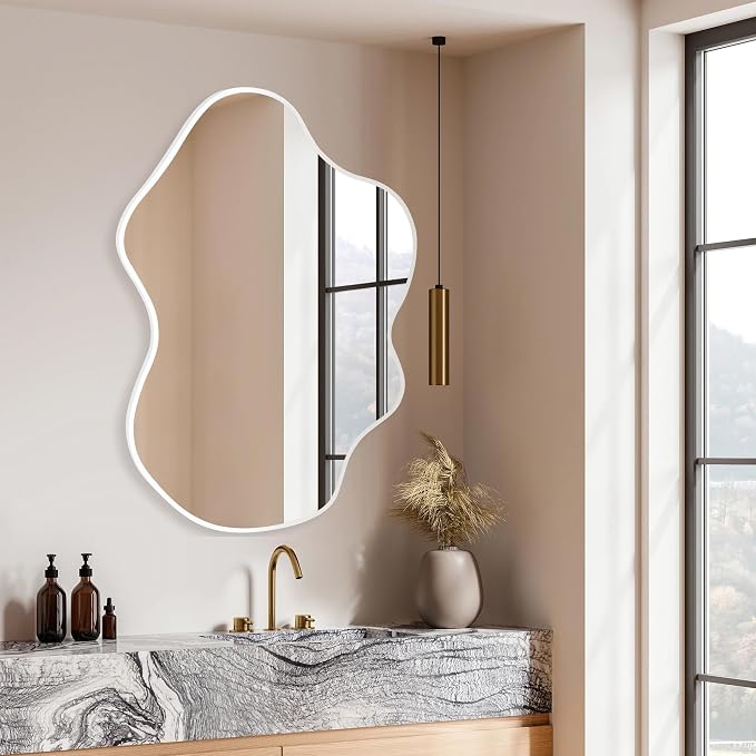 White Framed Bathroom Mirror 22''x30'', Irregular Clouds Shaped Decorative Mirrors with Tempered Glass for Bedroom Bathroom Living Room or Entryway
