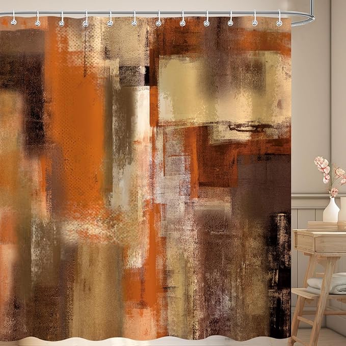 Burnt Orange Abstract Oil Shower Curtain, Modern Art Red Brown Painting Fabric Bathroom Curtains Decor Set, Waterproof Polyester Fabric Bath Curtain with Hooks 72x84 Inch