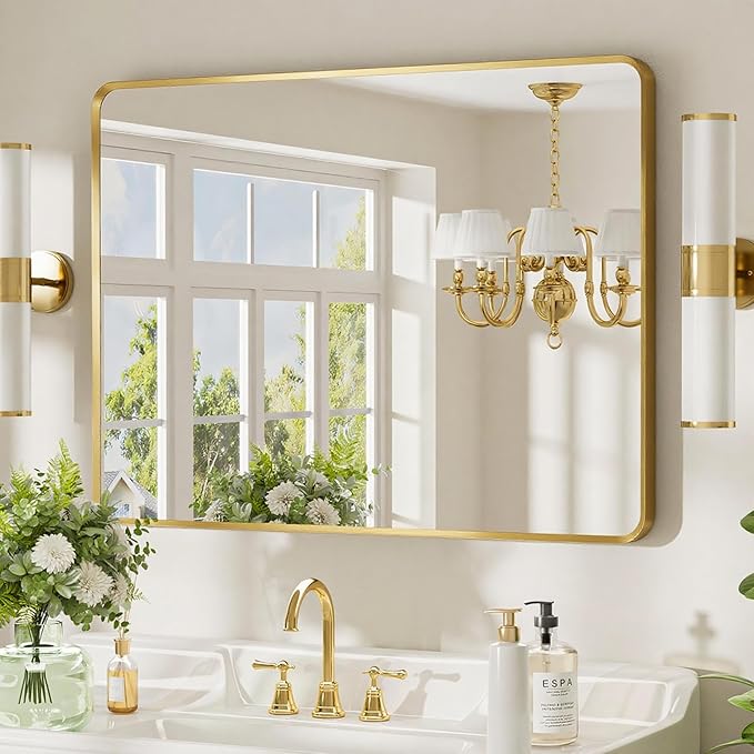 Brushed Gold Bathroom Mirror 24x32 inch, Rounded Rectangle Gold Metal Framed Vanity Wall Mirror, HD Tempered Glass, Horizontal or Vertical Hanging