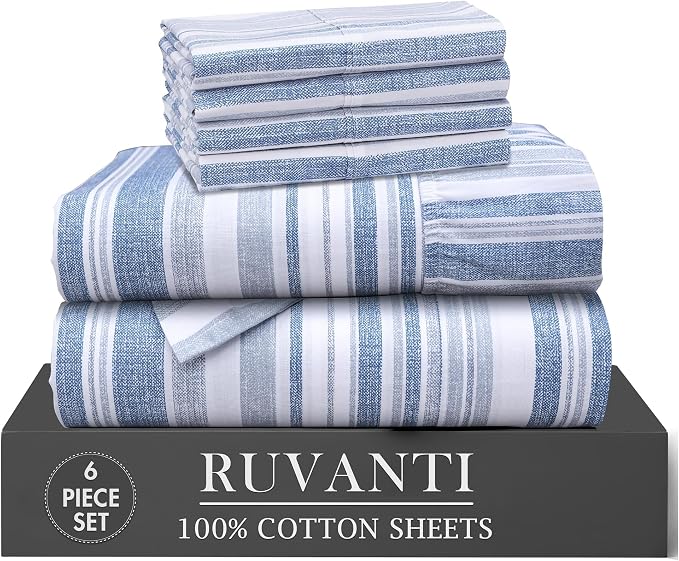 RUVANTI 100% Cotton Percale Sheets Full Size 6 Piece Set, Cooling Bed Sheets for Hot Sleepers, Deep Pocket 16”, Breathable Lightweight & Durable, Crisp Hotel Style Sheets, Naval Blue